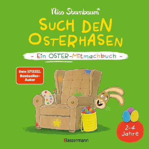 Buchcover und Innenansicht für das Buch: Such den Osterhasen. Ein Oster-Mitmachbuch. Zum Schütteln, Schaukeln, Pusten, Klopfen und sehen, was dann passiert. Von 2 bis 4 Jahren
