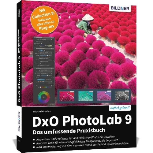 Buchcover und Innenansicht für das Buch: DxO PhotoLab 9 - Das umfassende Praxisbuch