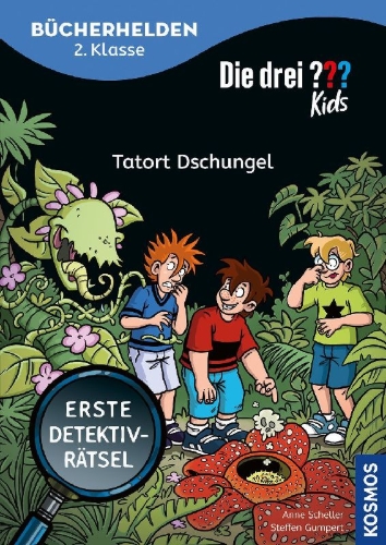 Buchcover und Innenansicht für das Buch: Die drei ??? Kids, Bücherhelden 2. Klasse, Tatort Dschungel