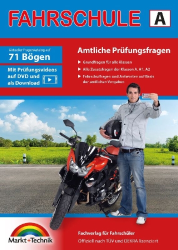 Buchcover und Innenansicht für das Buch: Führerschein Fragebogen Klasse A, A1, A2 - Motorrad Theorieprüfung original amtlicher Fragenkatalog auf 71 Bögen