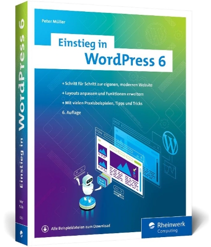 Buchcover und Innenansicht für das Buch: Einstieg in WordPress 6
