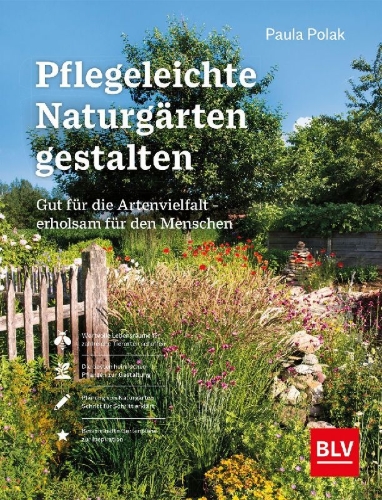 Buchcover und Innenansicht für das Buch: Pflegeleichte Naturgärten gestalten