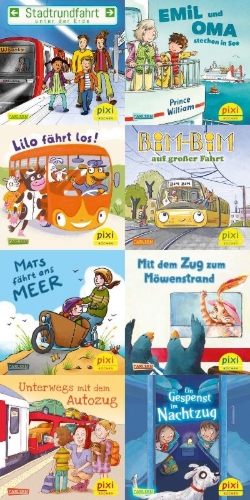 Buchcover und Innenansicht für das Buch: Pixi-8er-Set 307: Pixi unterwegs mit Bus und Bahn (8x1 Exemplar)