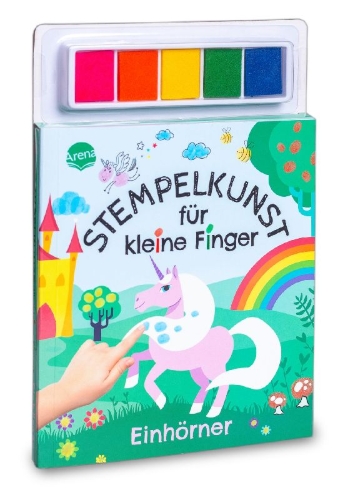 Buchcover und Innenansicht für das Buch: Stempelkunst für kleine Finger. Einhörner