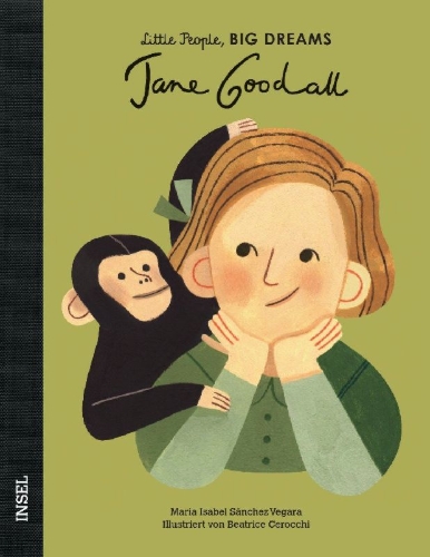 Buchcover und Innenansicht für das Buch: Pequeña y grande: Jane Goodall