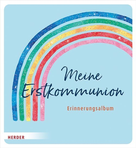 Buchcover und Innenansicht für das Buch: Meine Erstkommunion Erinnerungsalbum Regenbogen