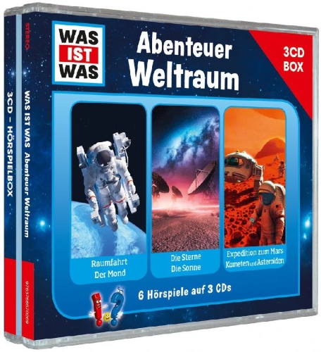 Buchcover und Innenansicht für das Buch: WAS IST WAS 3-CD-Hörspielbox Abenteuer Weltraum