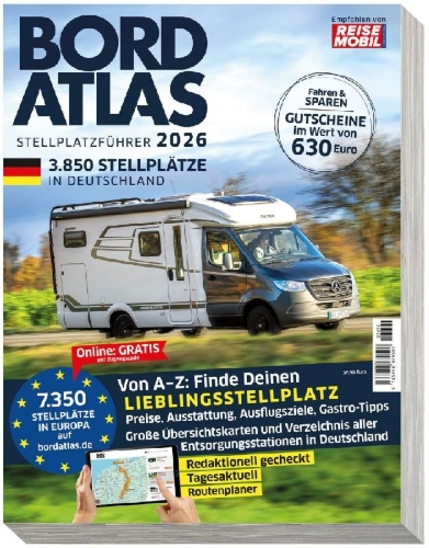 Buchcover und Innenansicht für das Buch: Bordatlas Stellplatzführer 2026