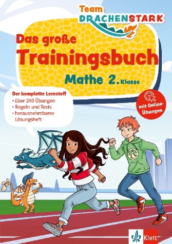 Buchcover und Innenansicht für das Buch: Klett Team Drachenstark: Das große Trainingsbuch Mathe 2. Klasse