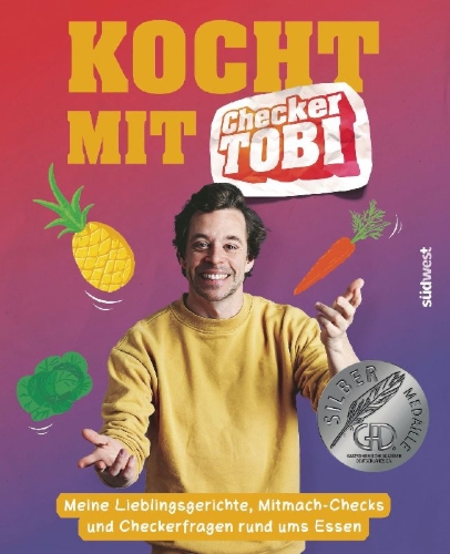 Buchcover und Innenansicht für das Buch: Kocht mit Checker Tobi  - Meine Lieblingsgerichte, Mitmach-Checks und Checker-Fragen rund ums Essen