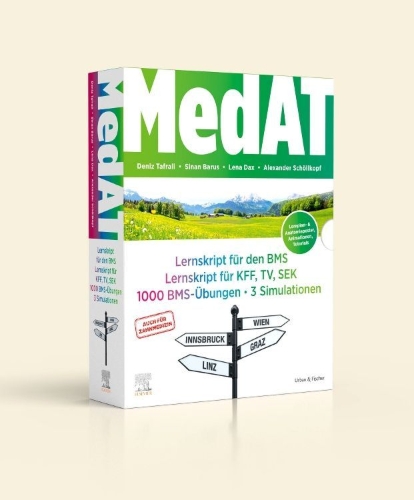 Buchcover und Innenansicht für das Buch: MedAT Kompendium - Lernskript für den BMS, Lernskript für KFF, TV, SEK, BMS-Übungen, Simulationen im Schuber