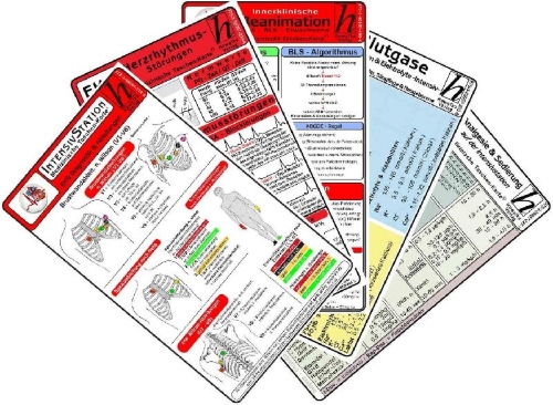 Buchcover und Innenansicht für das Buch: Intensiv-Station Karten-Set - Analgesie & Sedierung, Blutgase & Differentialdiagnose, Herzrhythmusstörungen, Inkompatibilitäten intravenöser Medikamente, Reanimation