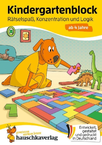 Buchcover und Innenansicht für das Buch: Kindergartenblock ab 4 Jahre - Rätsel-Spaß, Konzentration und Logik