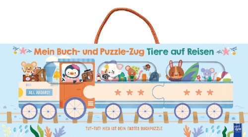 Buchcover und Innenansicht für das Buch: Mein Buch- und Puzzle-Zug: Tiere auf Reisen