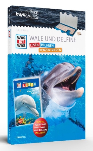 Buchcover und Innenansicht für das Buch: miniLÜK-Set. WAS IST WAS Wale und Delfine Lesen, Rechnen, Konzentrieren 1. Klasse