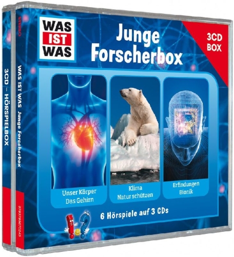 Buchcover und Innenansicht für das Buch: Was ist was Hörspielbox: Junge Forscher-Box