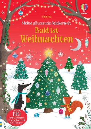 Buchcover und Innenansicht für das Buch: Meine glitzernde Stickerwelt: Bald ist Weihnachten
