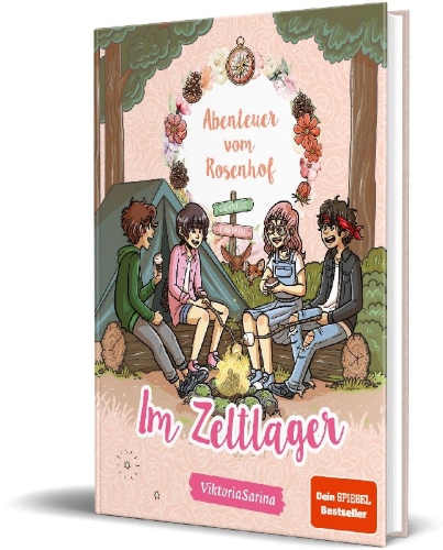 Buchcover und Innenansicht für das Buch: Abenteuer vom Rosenhof. Im Zeltlager
