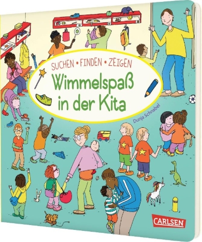 Buchcover und Innenansicht für das Buch: Wimmelspaß in der Kita
