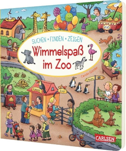 Buchcover und Innenansicht für das Buch: Wimmelspaß im Zoo