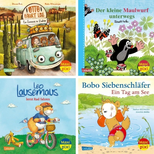 Buchcover und Innenansicht für das Buch: Maxi-Pixi-4er-Set 127: Draußen unterwegs (4x1 Exemplar)