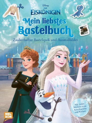 Buchcover und Innenansicht für das Buch: Disney Die Eiskönigin: Mein liebstes Bastelbuch - Zauberhafter Bastelspaß und Ausmalbilder