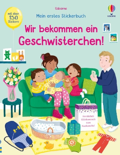Buchcover und Innenansicht für das Buch: Mein erstes Stickerbuch: Wir bekommen ein Geschwisterchen!