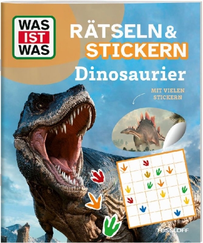 Buchcover und Innenansicht für das Buch: WAS IST WAS Rätseln und Stickern: Dinosaurier