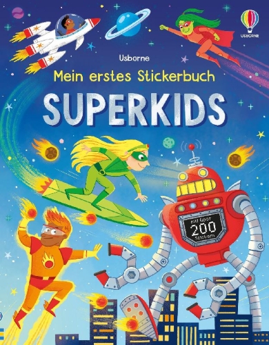 Buchcover und Innenansicht für das Buch: Mein erstes Stickerbuch: Superkids