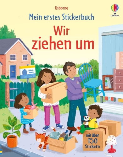 Buchcover und Innenansicht für das Buch: Mein erstes Stickerbuch: Wir ziehen um