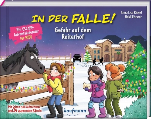 Buchcover und Innenansicht für das Buch: In der Falle! Gefahr auf dem Reiterhof - Ein Escape-Adventskalender für Kids