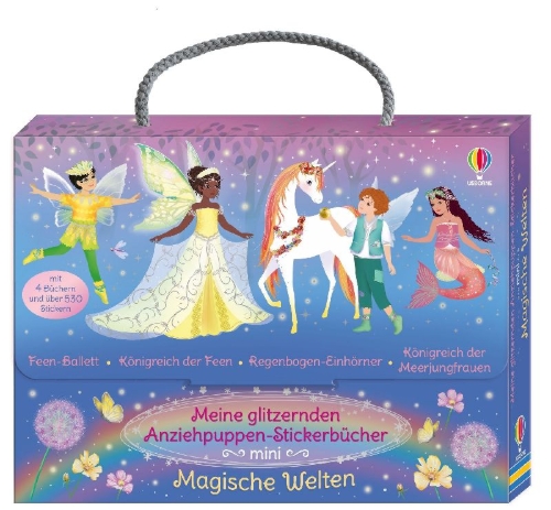 Buchcover und Innenansicht für das Buch: Meine glitzernden Anziehpuppen-Stickerbücher mini: Magische Welten