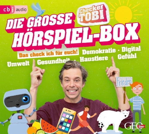 Buchcover und Innenansicht für das Buch: Die große Checker-Tobi-Hörspiel-Box