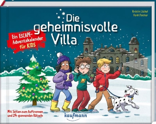 Buchcover und Innenansicht für das Buch: Die geheimnisvolle Villa - Ein Escape-Adventskalender für Kids