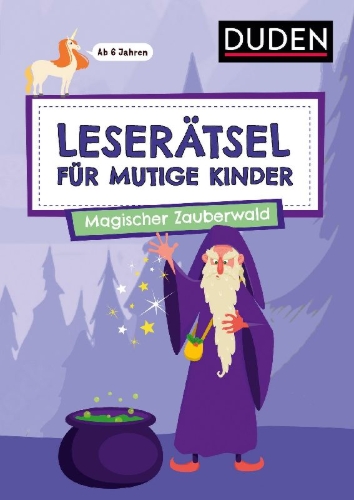 Buchcover und Innenansicht für das Buch: Leserätsel für mutige Kinder - Magischer Zauberwald - ab 7 Jahren