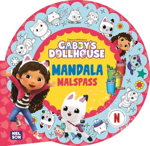 Buchcover und Innenansicht für das Buch: Gabby's Dollhouse: Mandala-Malspaß