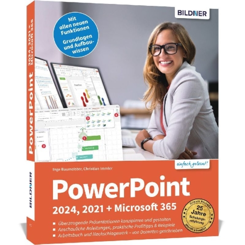 Buchcover und Innenansicht für das Buch: PowerPoint 2024, 2021 + Microsoft 365