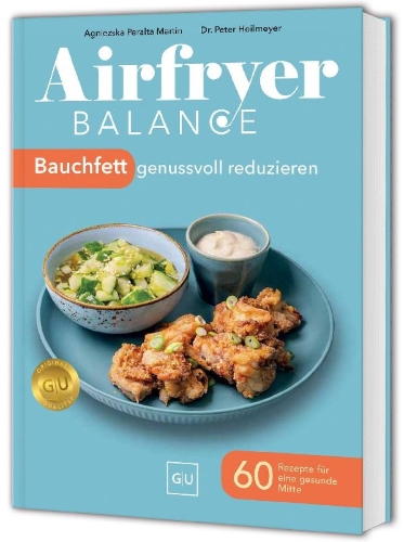 Buchcover und Innenansicht für das Buch: Airfryer Balance - Bauchfett genussvoll reduzieren