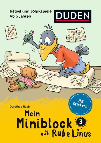Buchcover und Innenansicht für das Buch: Mein Miniblock mit Rabe Linus - Rätsel und Logikspiele