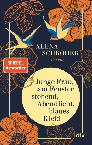 Buchcover und Innenansicht für das Buch: Junge Frau, am Fenster stehend, Abendlicht, blaues Kleid