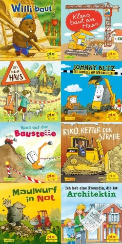 Buchcover und Innenansicht für das Buch: Pixi-Bundle 8er Serie 276: Pixis Fahrzeuge auf der Baustelle (8x1 Exemplar)