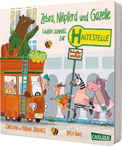 Buchcover und Innenansicht für das Buch: Zebra, Nilpferd und Gazelle laufen schnell zur ... Haltestelle!
