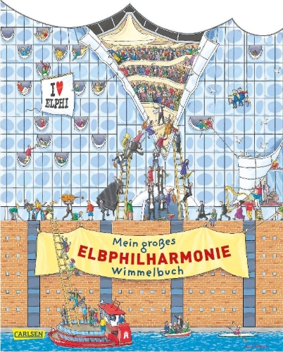 Buchcover und Innenansicht für das Buch: Mein großes Elbphilharmonie-Wimmelbuch