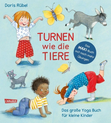 Buchcover und Innenansicht für das Buch: Turnen wie die Tiere - Das große Yoga Buch für kleine Kinder