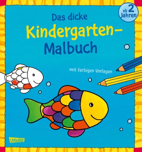 Buchcover und Innenansicht für das Buch: Das dicke Kindergarten-Malbuch: Mit farbigen Vorlagen und lustiger Fehlersuche