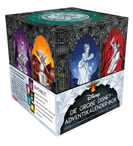 Buchcover und Innenansicht für das Buch: Disney: Die große Disney-Adventskalender-Box 2025 - Zauberhafte Weihnachts-Box mit 24 Büchern und 1.152 Seiten für Young Adults