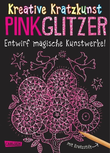Buchcover und Innenansicht für das Buch: Kreative Kratzkunst: Pink Glitzer: Set mit 10 Kratzbildern, Anleitungsbuch und Holzstift