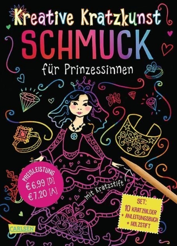 Buchcover und Innenansicht für das Buch: Kreative Kratzkunst: Schmuck für Prinzessinnen: Set mit 10 Kratzbildern, Anleitungsbuch und Holzstift