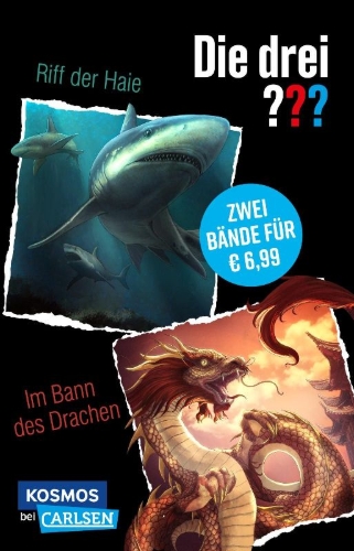 Buchcover und Innenansicht für das Buch: Die drei ???: Doppelband - Enthält die Bände: Die drei ??? und das Riff der Haie / Im Bann des Drachen