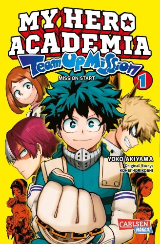 Buchcover und Innenansicht für das Buch: Boku no Hero Academia: Team Up Mission